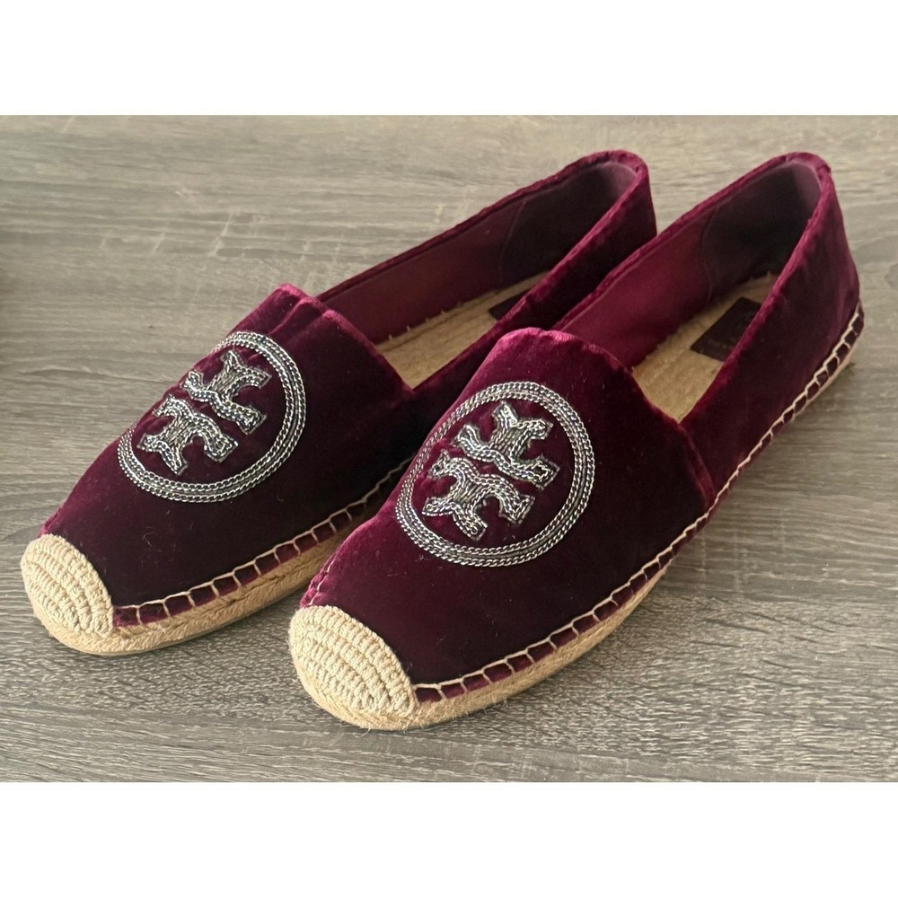 Tory Burch Poppy Metallic Logo Velvet Espadrilles Burgundy Wine 10.5M 5585 - Picture 13 of 16